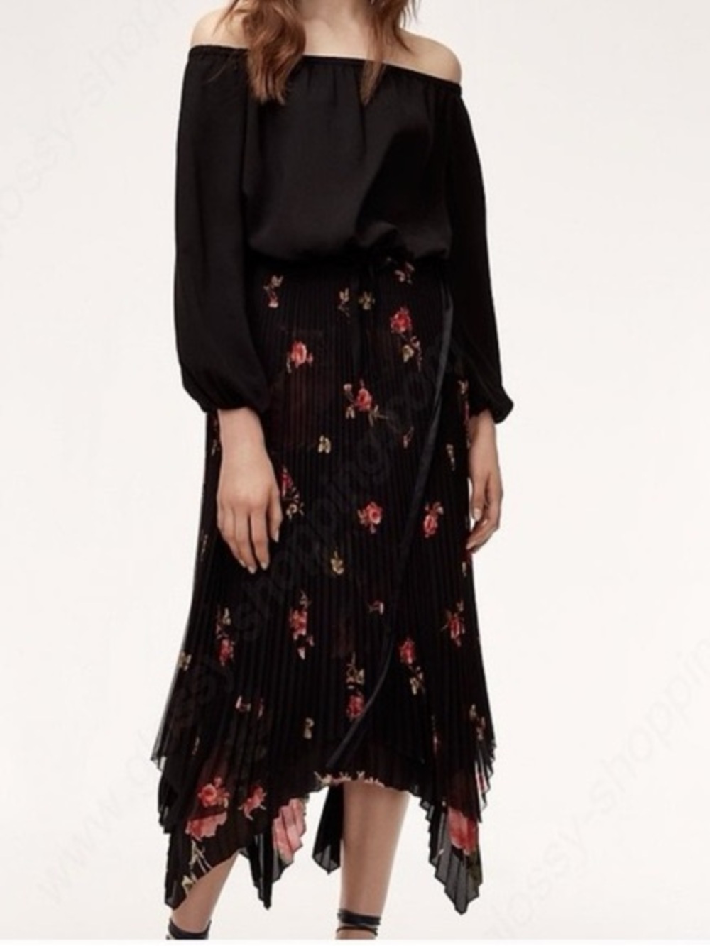 Aritzia Wilfred Sz 2 Black Dubois Floral Pleated Asymmetrical Hem Midi Skirt